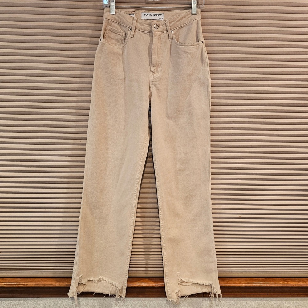 Social Tourist Tan Ultra High Rise Straight Leg Raw Hem Jeans 26R Beige